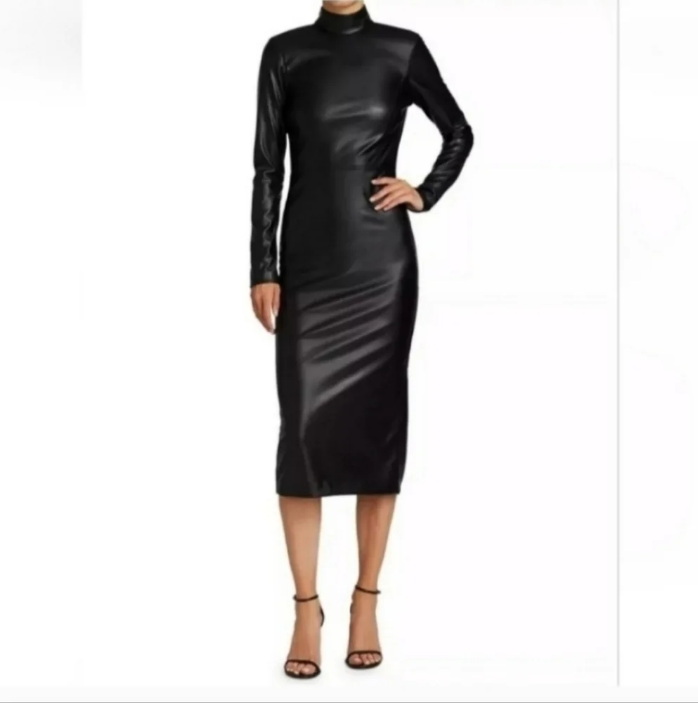 ALICE + OLIVIA DELORA VEGAN LEATHER MOCKNECK MIDI DRESS SIZE 4 - Picture 8 of 15
